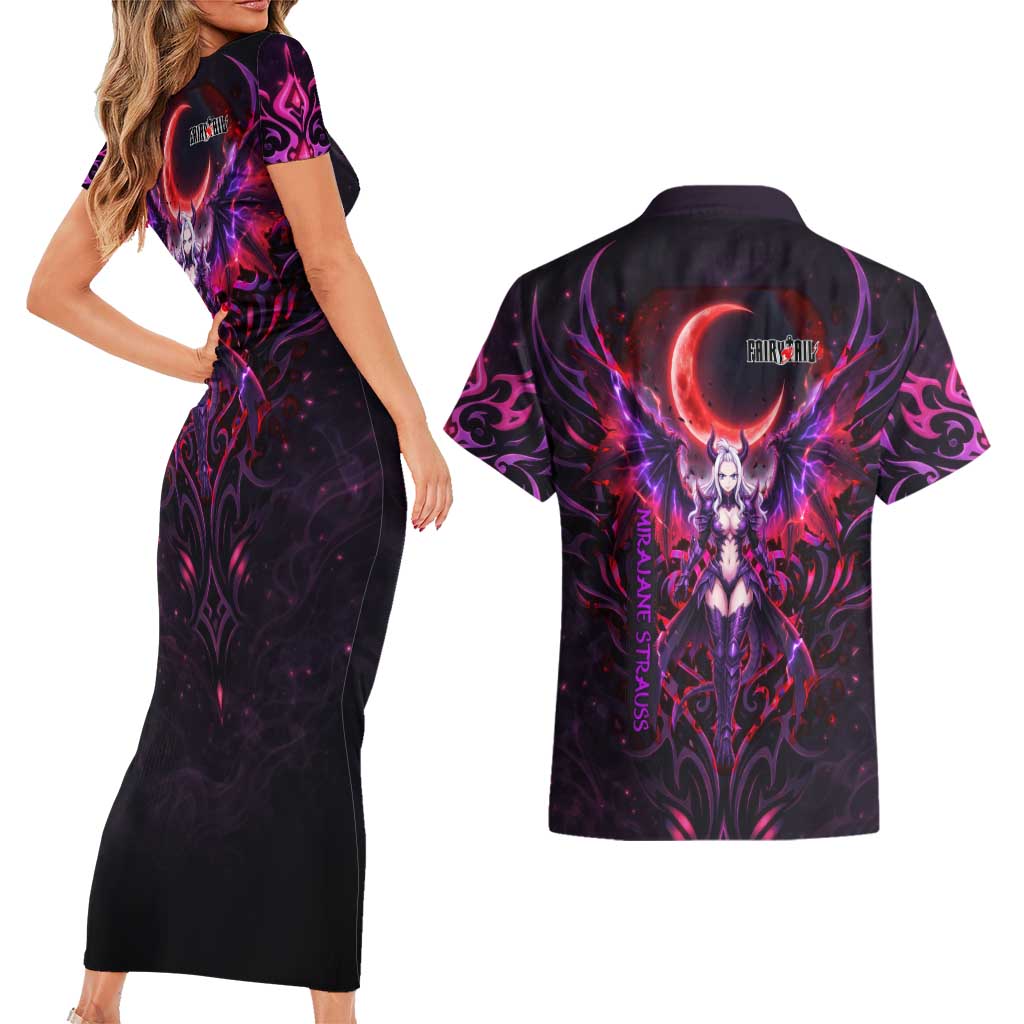 Mirajane Strauss Demon Form Fairy Tail Couples Matching Short Sleeve Bodycon Dress and Hawaiian Shirt Crimson Moon Demon Aesthetic with Gothic Purple Tribal Design