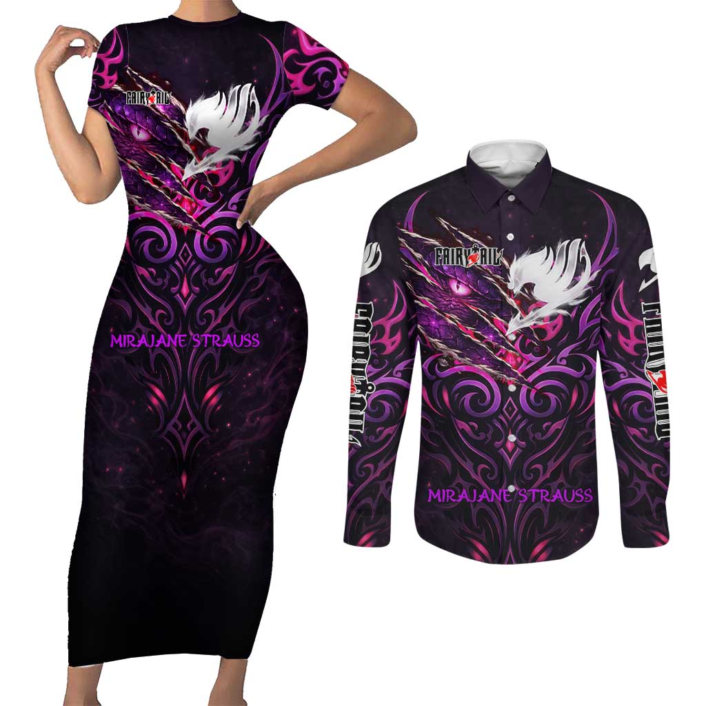 Mirajane Strauss Demon Form Fairy Tail Couples Matching Short Sleeve Bodycon Dress and Long Sleeve Button Shirt Crimson Moon Demon Aesthetic with Gothic Purple Tribal Design