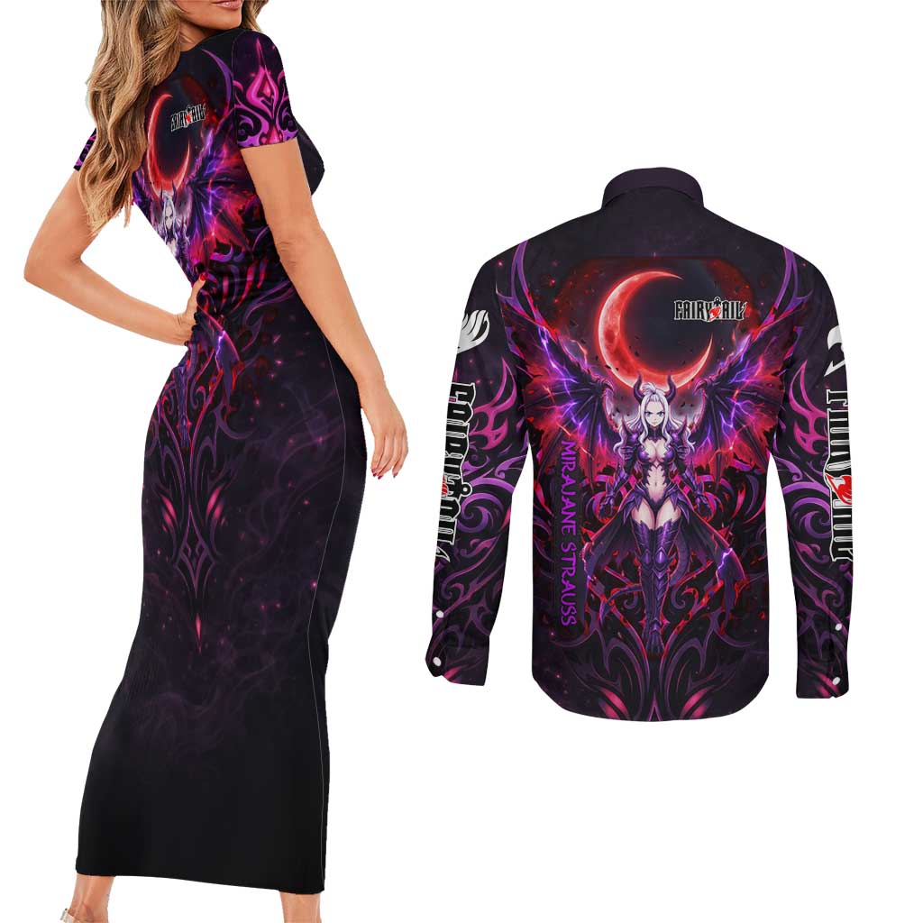 Mirajane Strauss Demon Form Fairy Tail Couples Matching Short Sleeve Bodycon Dress and Long Sleeve Button Shirt Crimson Moon Demon Aesthetic with Gothic Purple Tribal Design