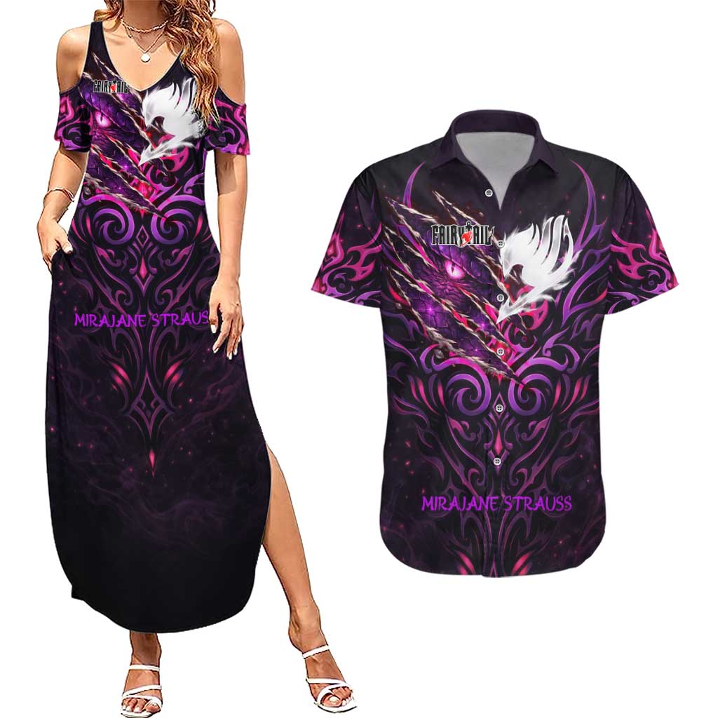 Mirajane Strauss Demon Form Fairy Tail Couples Matching Summer Maxi Dress and Hawaiian Shirt Crimson Moon Demon Aesthetic with Gothic Purple Tribal Design