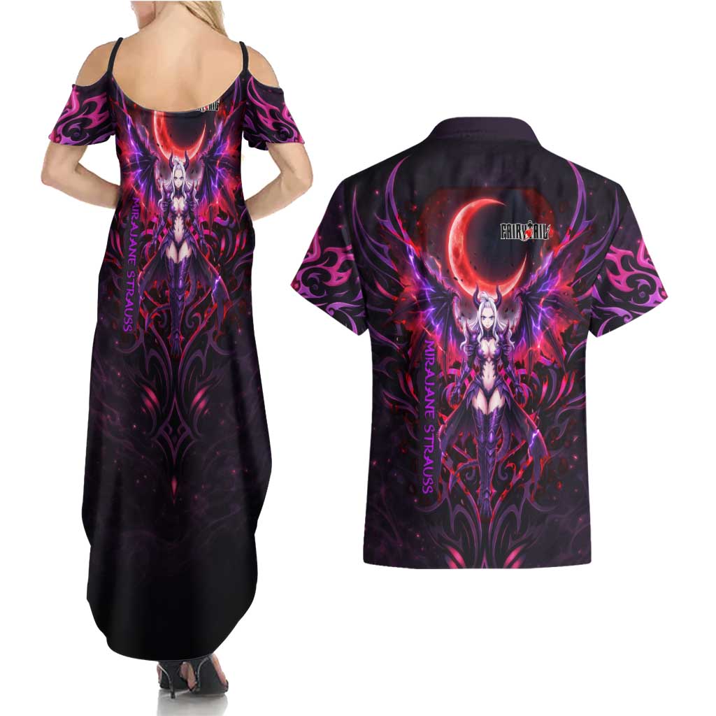 Mirajane Strauss Demon Form Fairy Tail Couples Matching Summer Maxi Dress and Hawaiian Shirt Crimson Moon Demon Aesthetic with Gothic Purple Tribal Design