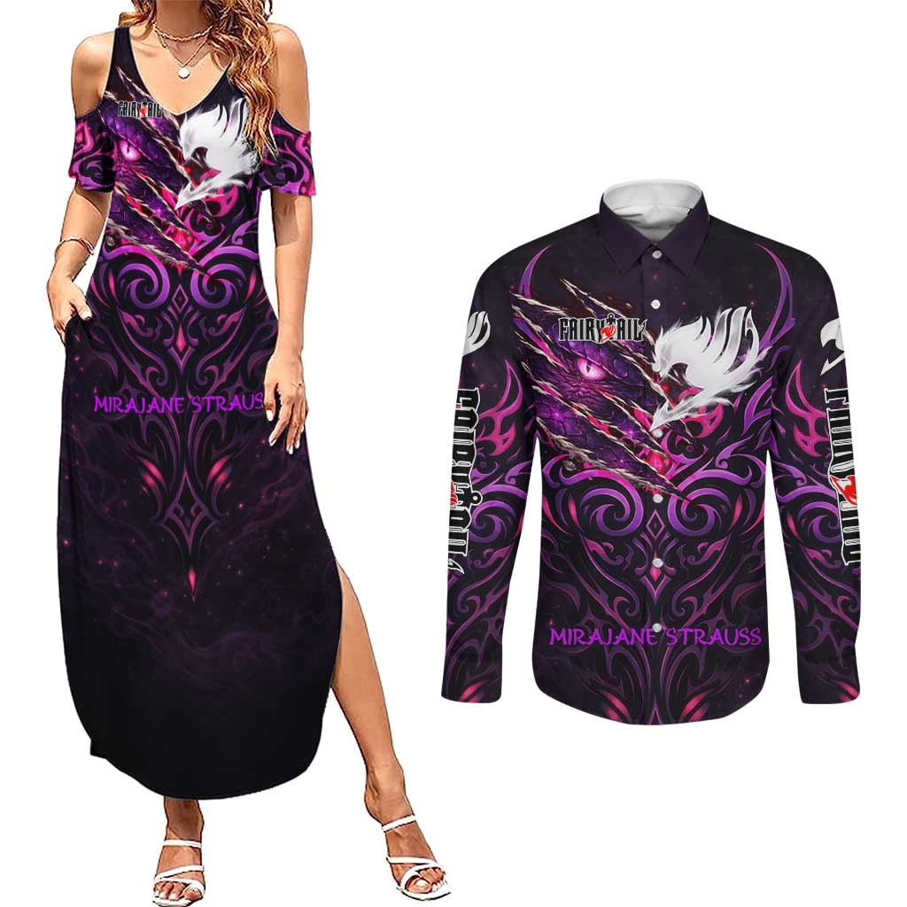 Mirajane Strauss Demon Form Fairy Tail Couples Matching Summer Maxi Dress and Long Sleeve Button Shirt Crimson Moon Demon Aesthetic with Gothic Purple Tribal Design