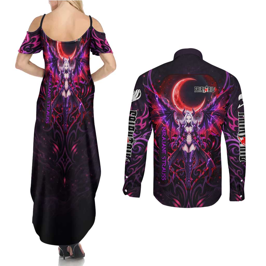Mirajane Strauss Demon Form Fairy Tail Couples Matching Summer Maxi Dress and Long Sleeve Button Shirt Crimson Moon Demon Aesthetic with Gothic Purple Tribal Design