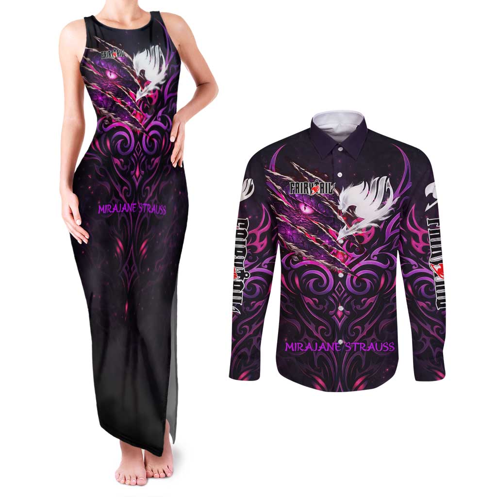 Mirajane Strauss Demon Form Fairy Tail Couples Matching Tank Maxi Dress and Long Sleeve Button Shirt Crimson Moon Demon Aesthetic with Gothic Purple Tribal Design