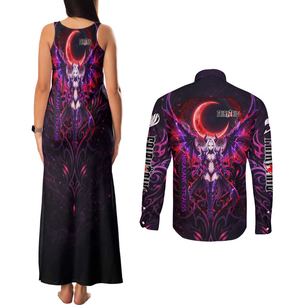 Mirajane Strauss Demon Form Fairy Tail Couples Matching Tank Maxi Dress and Long Sleeve Button Shirt Crimson Moon Demon Aesthetic with Gothic Purple Tribal Design