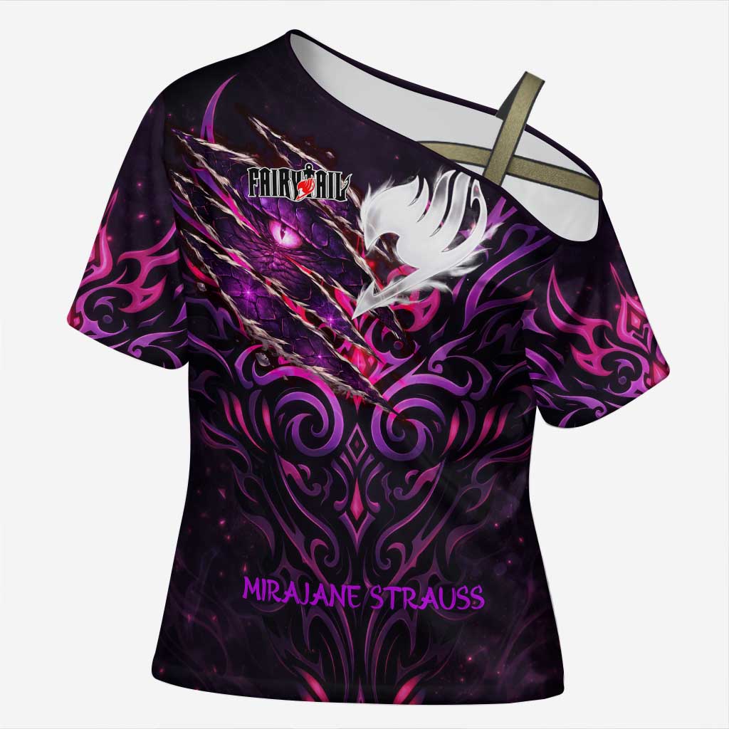 Mirajane Strauss Demon Form Fairy Tail Cross Shoulder Shirt Crimson Moon Demon Aesthetic with Gothic Purple Tribal Design
