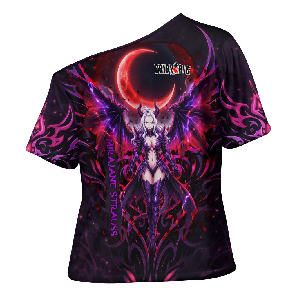 Mirajane Strauss Demon Form Fairy Tail Cross Shoulder Shirt Crimson Moon Demon Aesthetic with Gothic Purple Tribal Design