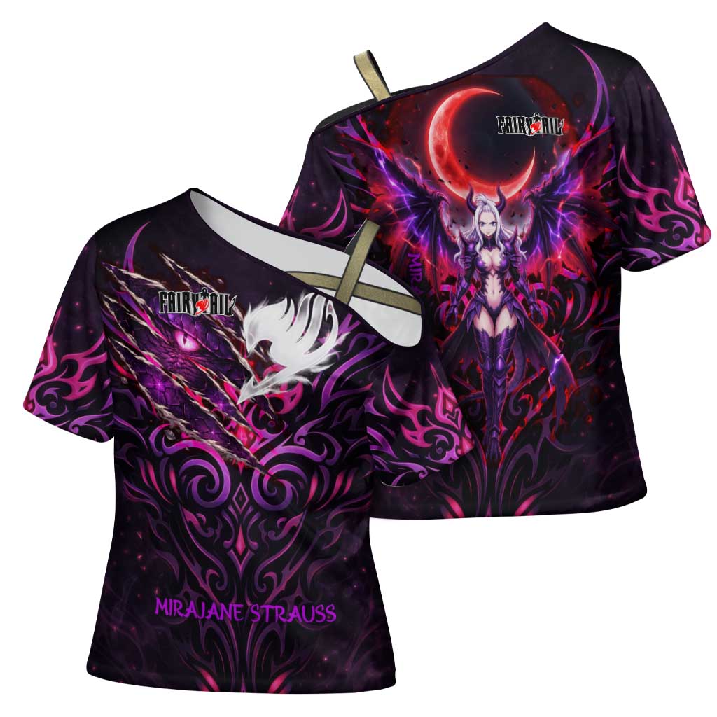 Mirajane Strauss Demon Form Fairy Tail Cross Shoulder Shirt Crimson Moon Demon Aesthetic with Gothic Purple Tribal Design
