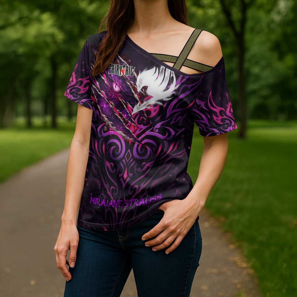 Mirajane Strauss Demon Form Fairy Tail Cross Shoulder Shirt Crimson Moon Demon Aesthetic with Gothic Purple Tribal Design