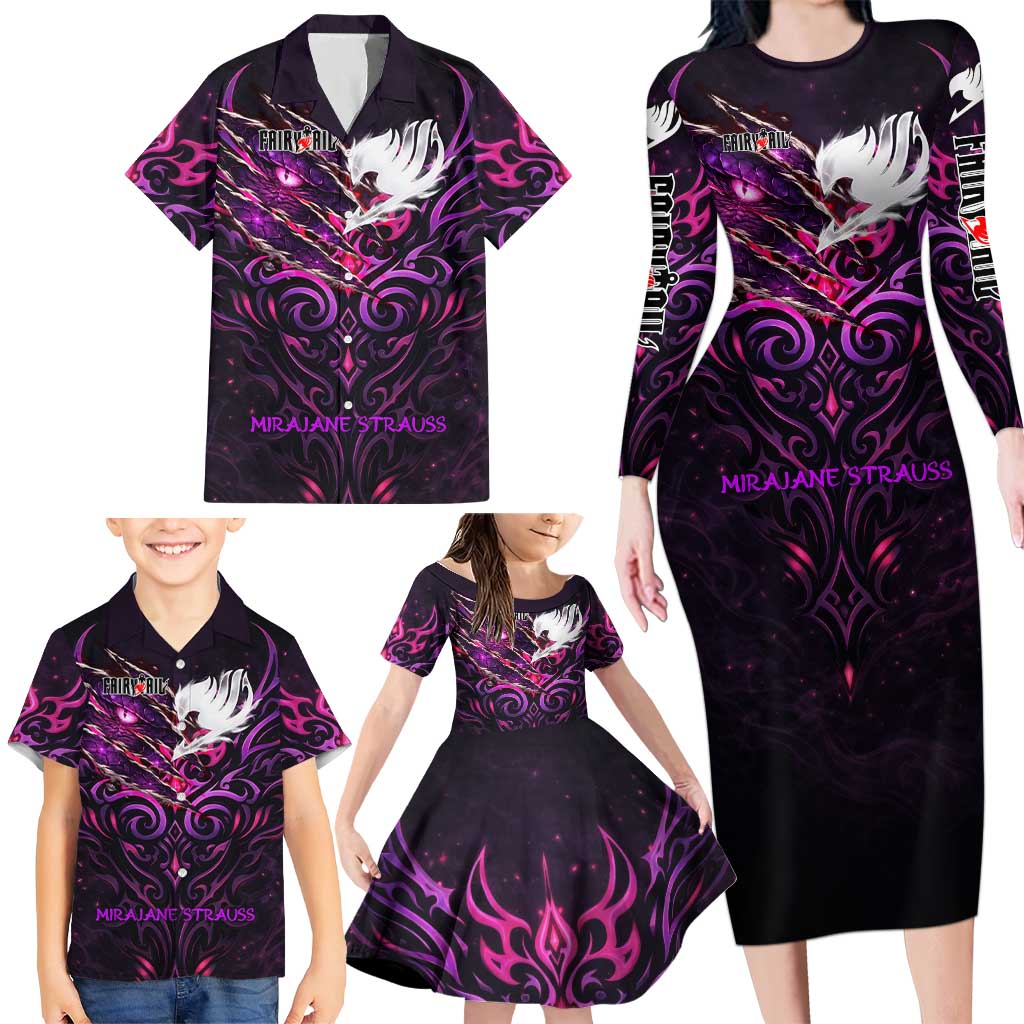 Mirajane Strauss Demon Form Fairy Tail Family Matching Long Sleeve Bodycon Dress and Hawaiian Shirt Crimson Moon Demon Aesthetic with Gothic Purple Tribal Design