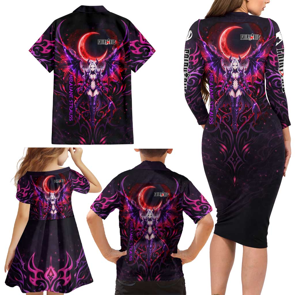 Mirajane Strauss Demon Form Fairy Tail Family Matching Long Sleeve Bodycon Dress and Hawaiian Shirt Crimson Moon Demon Aesthetic with Gothic Purple Tribal Design