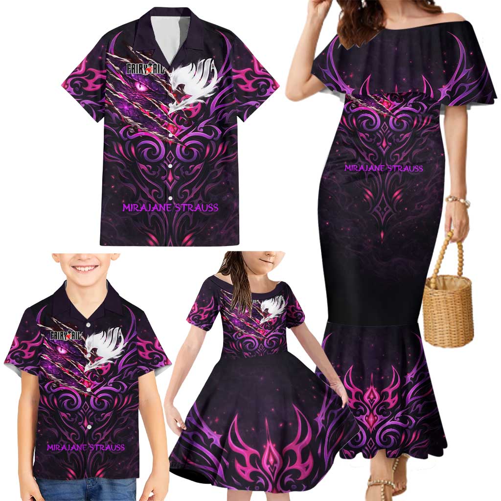 Mirajane Strauss Demon Form Fairy Tail Family Matching Mermaid Dress and Hawaiian Shirt Crimson Moon Demon Aesthetic with Gothic Purple Tribal Design