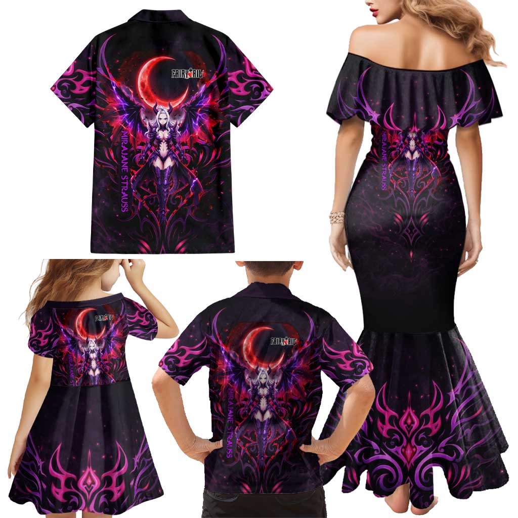 Mirajane Strauss Demon Form Fairy Tail Family Matching Mermaid Dress and Hawaiian Shirt Crimson Moon Demon Aesthetic with Gothic Purple Tribal Design