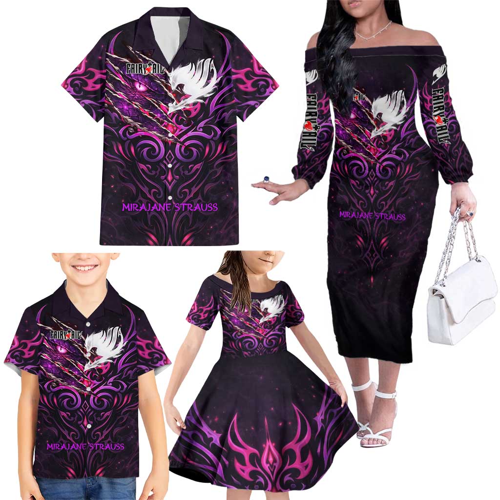 Mirajane Strauss Demon Form Fairy Tail Family Matching Off The Shoulder Long Sleeve Dress and Hawaiian Shirt Crimson Moon Demon Aesthetic with Gothic Purple Tribal Design