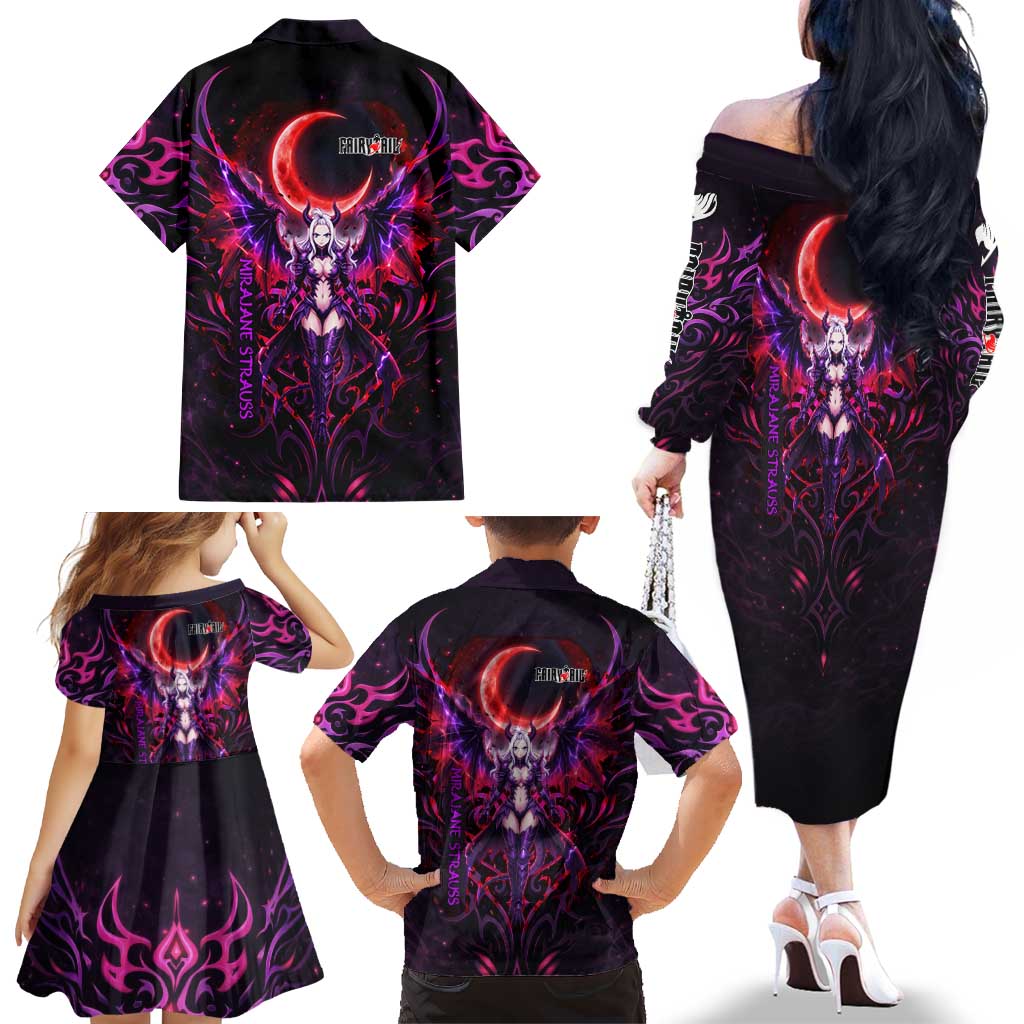 Mirajane Strauss Demon Form Fairy Tail Family Matching Off The Shoulder Long Sleeve Dress and Hawaiian Shirt Crimson Moon Demon Aesthetic with Gothic Purple Tribal Design