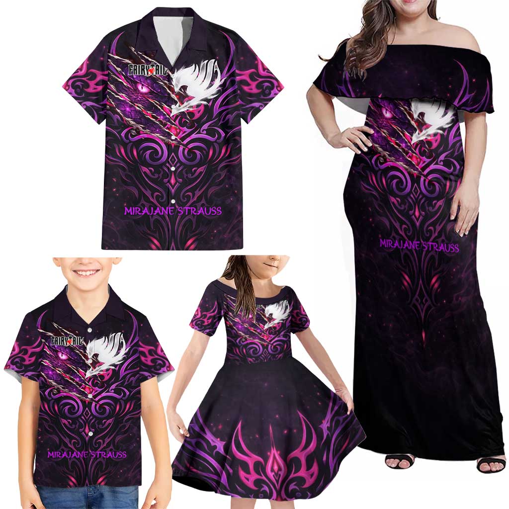 Mirajane Strauss Demon Form Fairy Tail Family Matching Off Shoulder Maxi Dress and Hawaiian Shirt Crimson Moon Demon Aesthetic with Gothic Purple Tribal Design