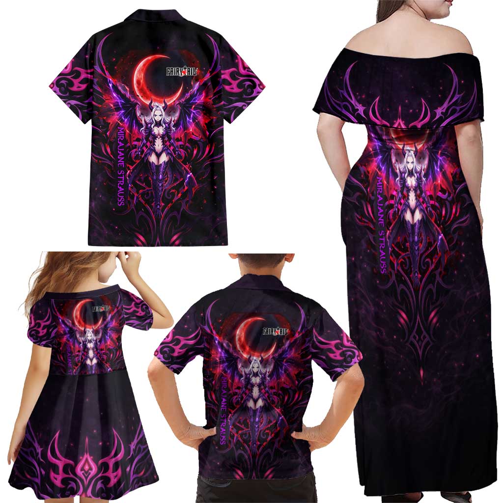 Mirajane Strauss Demon Form Fairy Tail Family Matching Off Shoulder Maxi Dress and Hawaiian Shirt Crimson Moon Demon Aesthetic with Gothic Purple Tribal Design