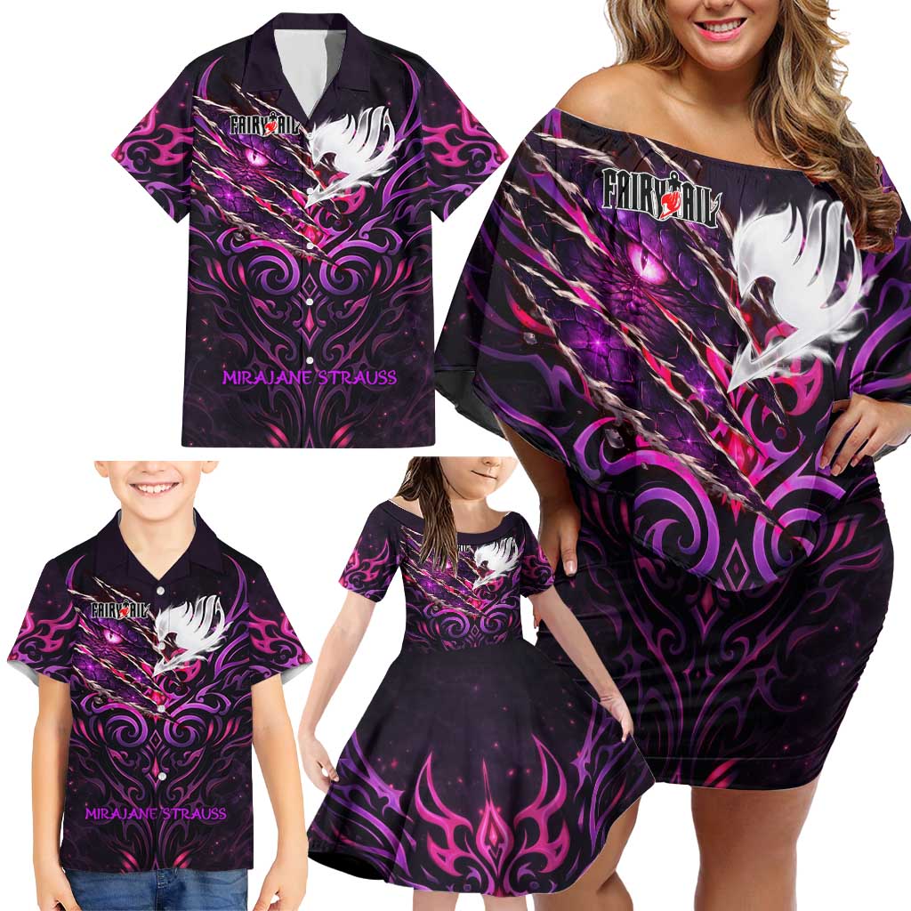 Mirajane Strauss Demon Form Fairy Tail Family Matching Off Shoulder Short Dress and Hawaiian Shirt Crimson Moon Demon Aesthetic with Gothic Purple Tribal Design