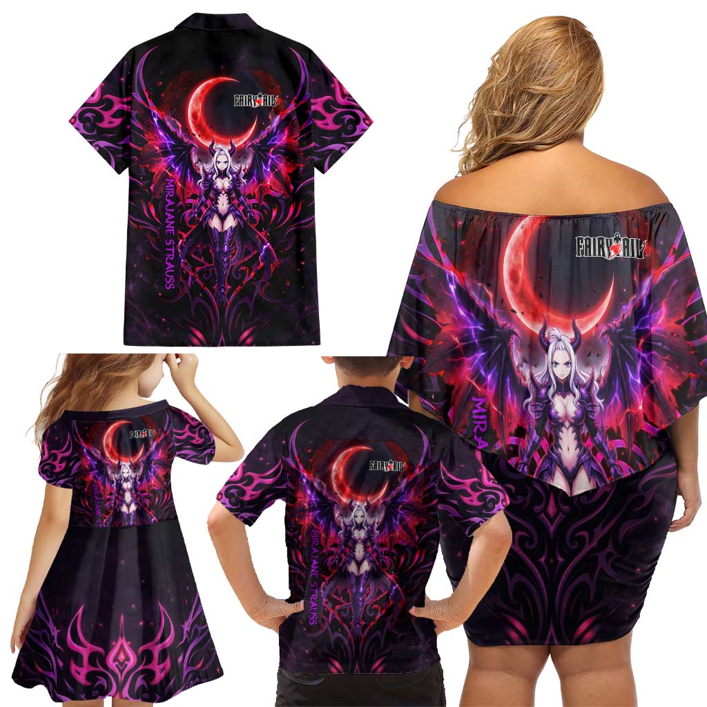 Mirajane Strauss Demon Form Fairy Tail Family Matching Off Shoulder Short Dress and Hawaiian Shirt Crimson Moon Demon Aesthetic with Gothic Purple Tribal Design