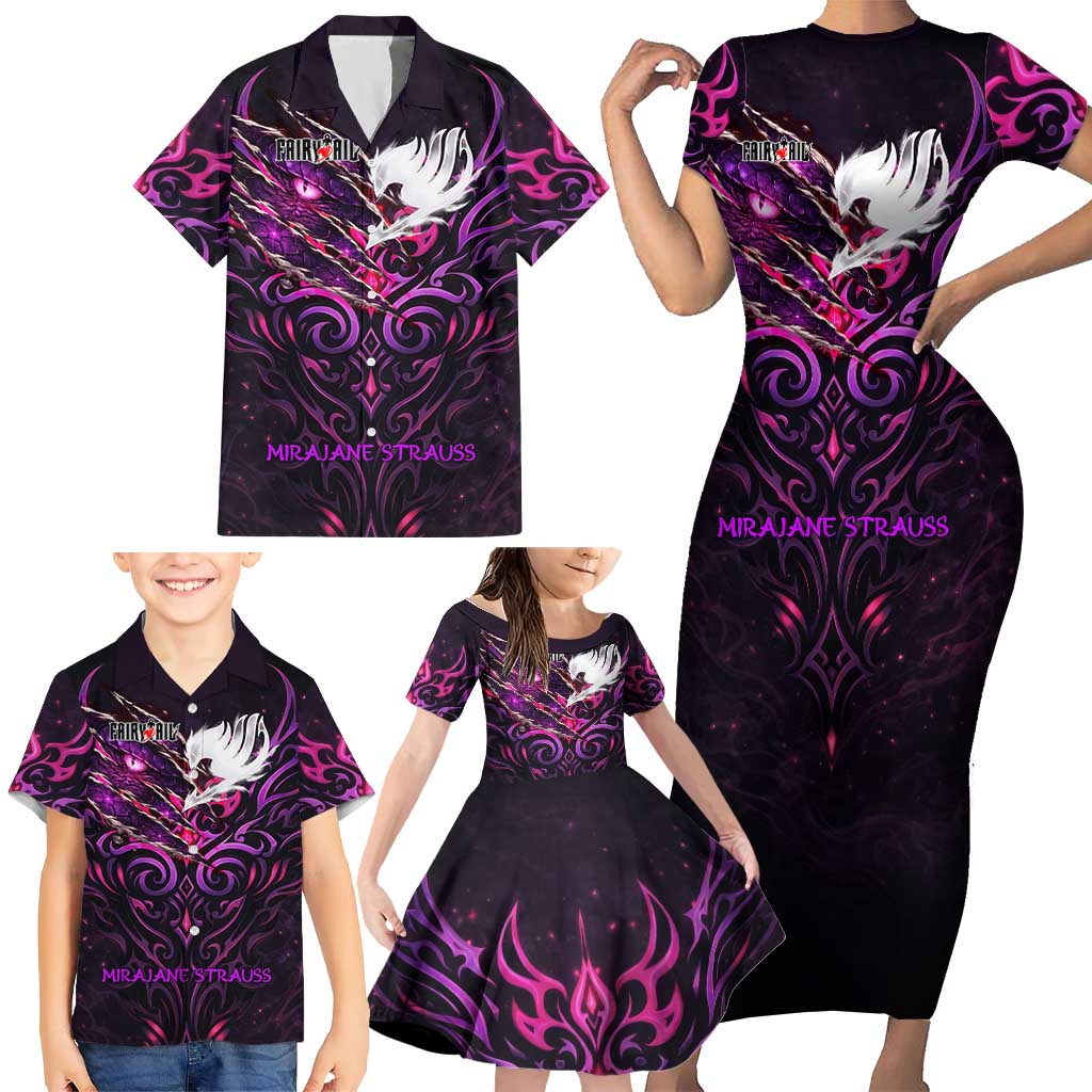 Mirajane Strauss Demon Form Fairy Tail Family Matching Short Sleeve Bodycon Dress and Hawaiian Shirt Crimson Moon Demon Aesthetic with Gothic Purple Tribal Design
