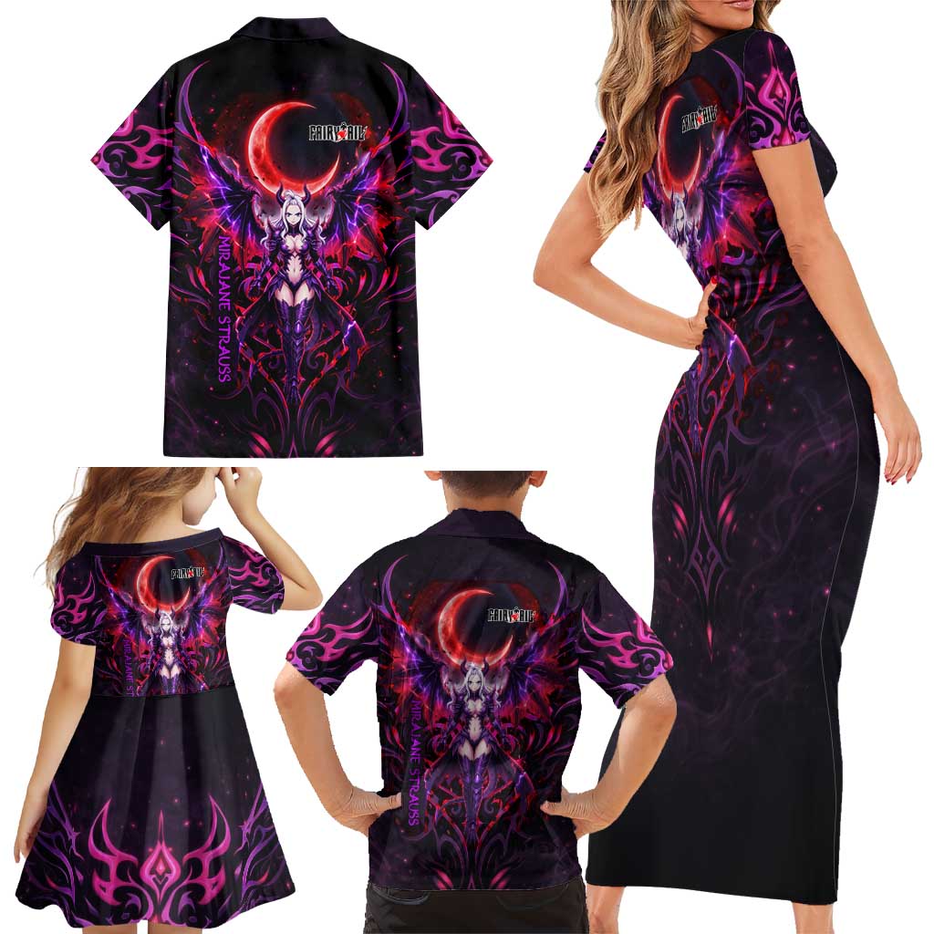 Mirajane Strauss Demon Form Fairy Tail Family Matching Short Sleeve Bodycon Dress and Hawaiian Shirt Crimson Moon Demon Aesthetic with Gothic Purple Tribal Design