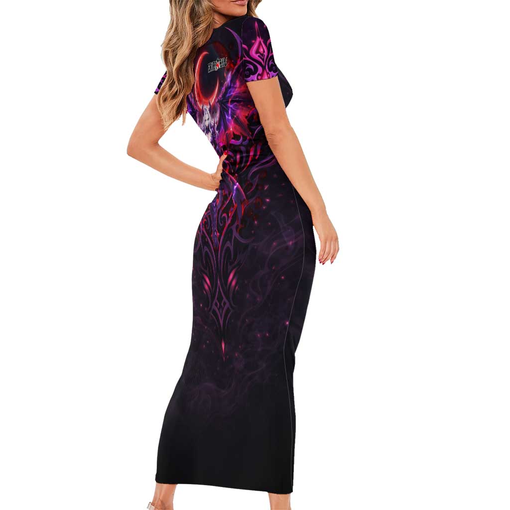 Mirajane Strauss Demon Form Fairy Tail Family Matching Short Sleeve Bodycon Dress and Hawaiian Shirt Crimson Moon Demon Aesthetic with Gothic Purple Tribal Design