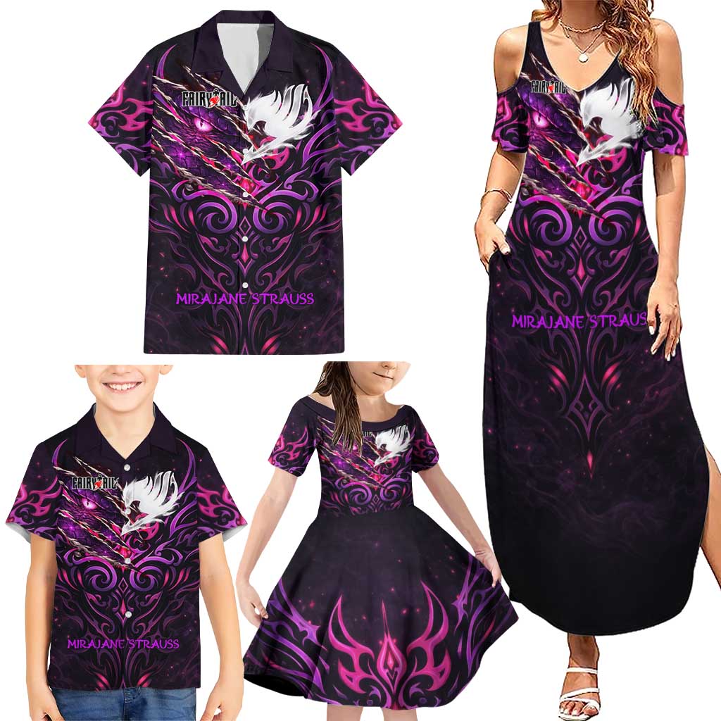 Mirajane Strauss Demon Form Fairy Tail Family Matching Summer Maxi Dress and Hawaiian Shirt Crimson Moon Demon Aesthetic with Gothic Purple Tribal Design