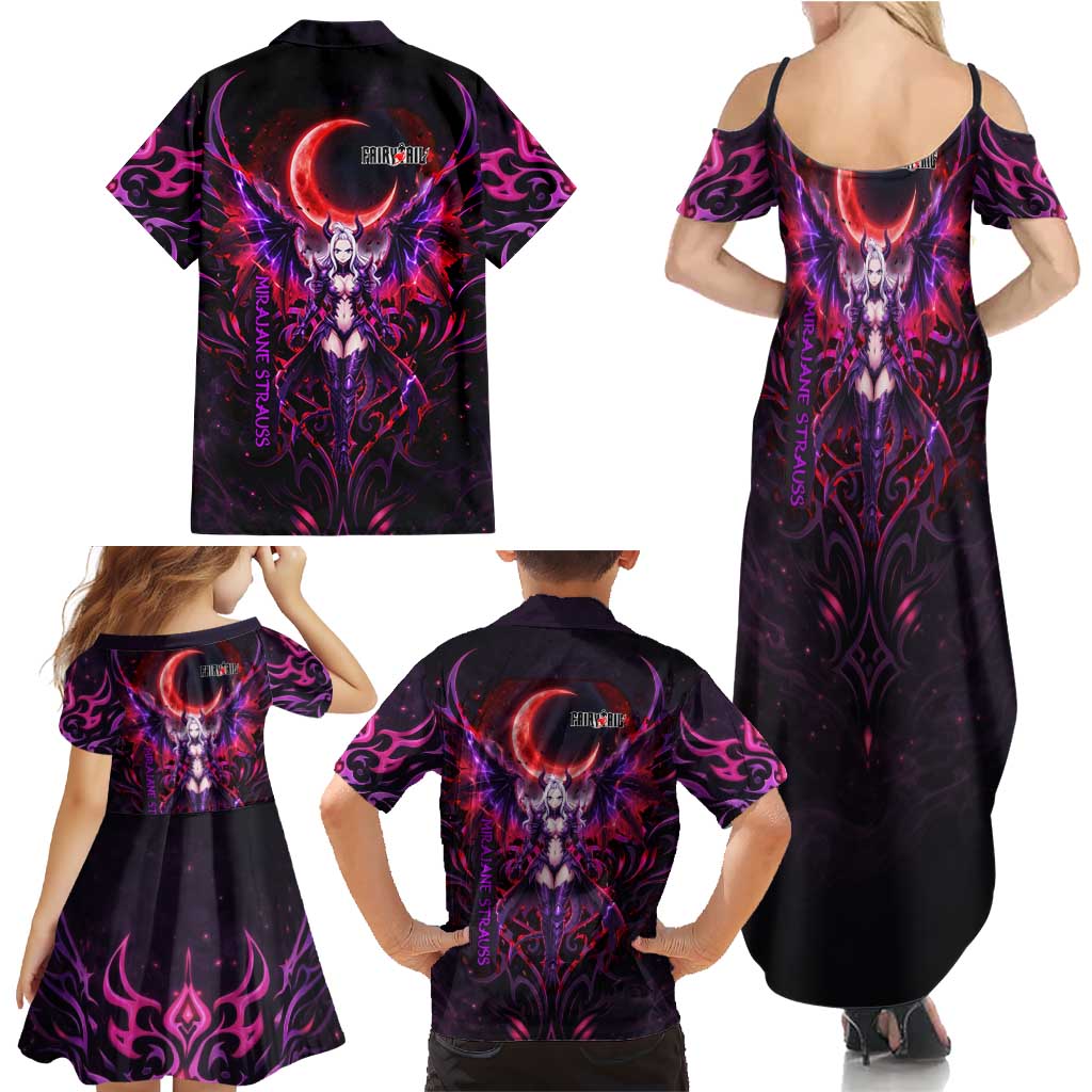 Mirajane Strauss Demon Form Fairy Tail Family Matching Summer Maxi Dress and Hawaiian Shirt Crimson Moon Demon Aesthetic with Gothic Purple Tribal Design