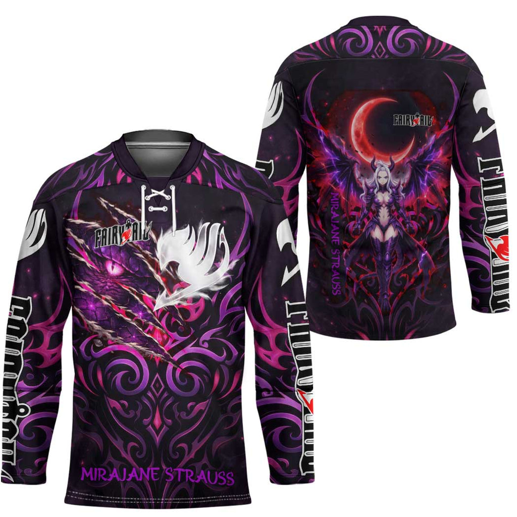Mirajane Strauss Demon Form Fairy Tail Hockey Jersey Crimson Moon Demon Aesthetic with Gothic Purple Tribal Design