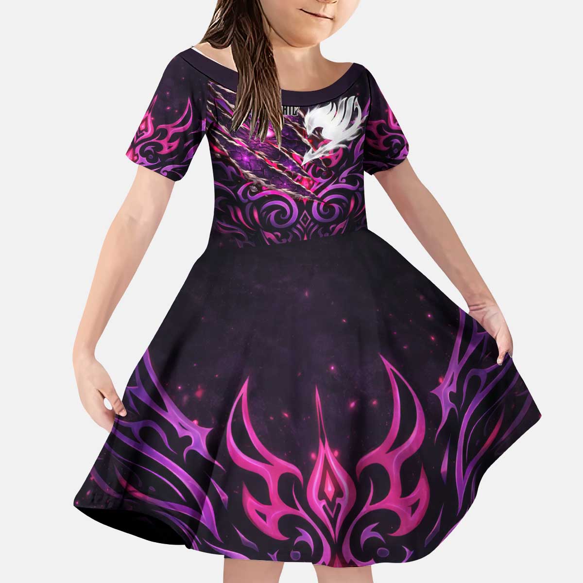 Mirajane Strauss Demon Form Fairy Tail Kid Short Sleeve Dress Crimson Moon Demon Aesthetic with Gothic Purple Tribal Design