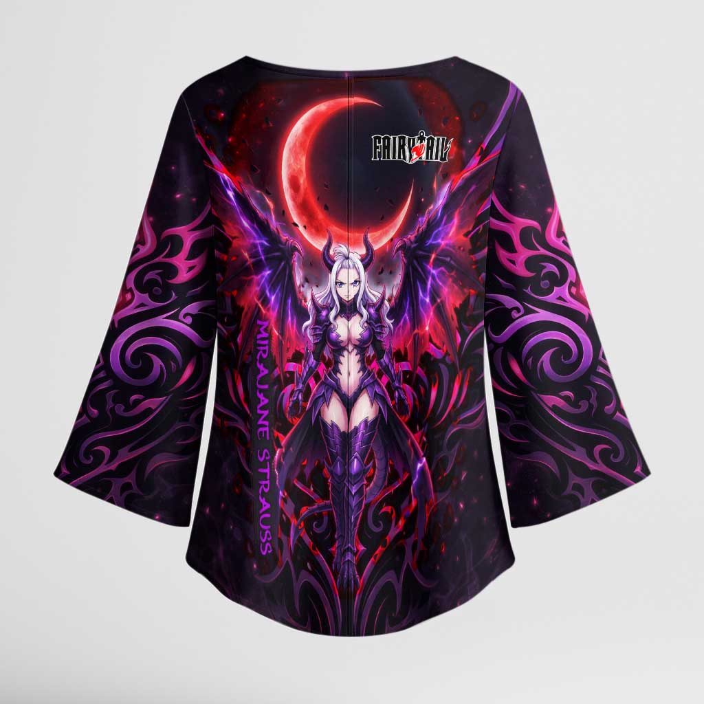 Mirajane Strauss Demon Form Fairy Tail Kimono Sleeve Blouse Crimson Moon Demon Aesthetic with Gothic Purple Tribal Design