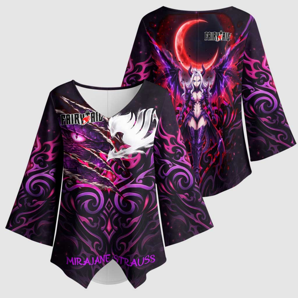 Mirajane Strauss Demon Form Fairy Tail Kimono Sleeve Blouse Crimson Moon Demon Aesthetic with Gothic Purple Tribal Design