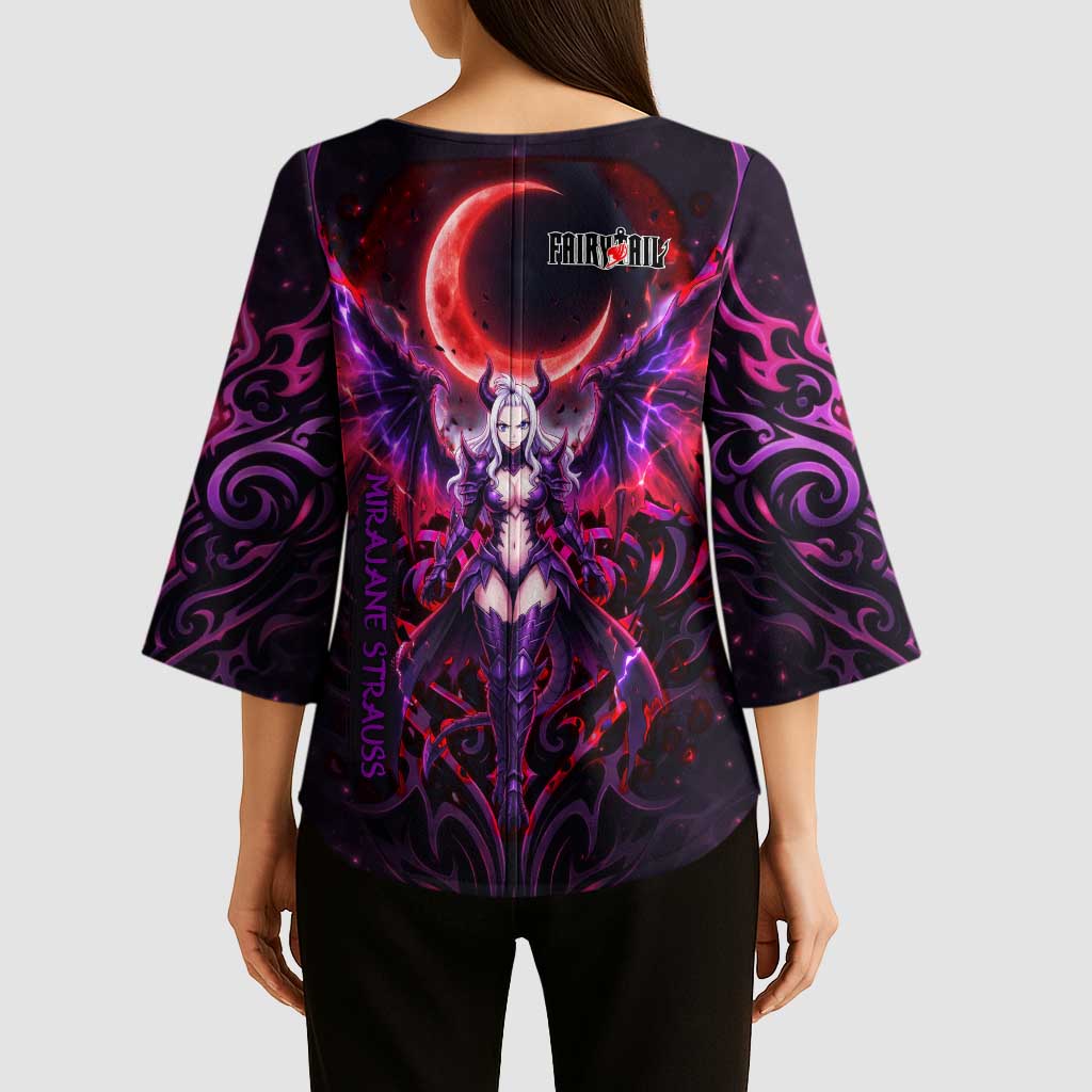 Mirajane Strauss Demon Form Fairy Tail Kimono Sleeve Blouse Crimson Moon Demon Aesthetic with Gothic Purple Tribal Design