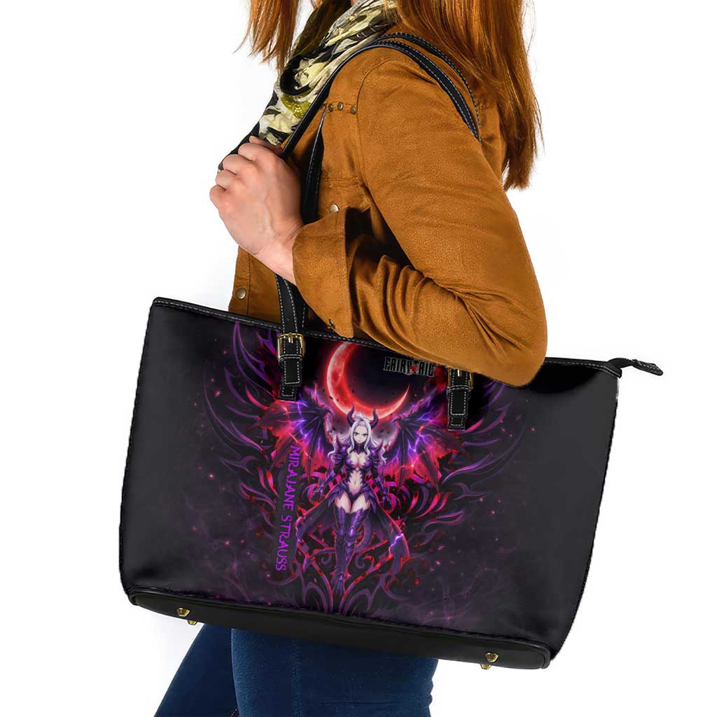Mirajane Strauss Demon Form Fairy Tail Leather Tote Bag Crimson Moon Demon Aesthetic with Gothic Purple Tribal Design