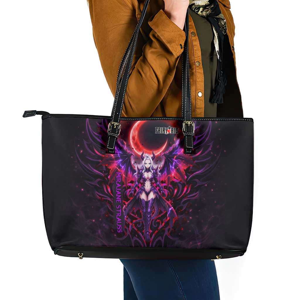 Mirajane Strauss Demon Form Fairy Tail Leather Tote Bag Crimson Moon Demon Aesthetic with Gothic Purple Tribal Design