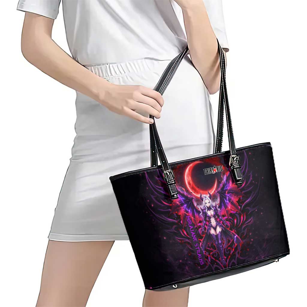 Mirajane Strauss Demon Form Fairy Tail Leather Tote Bag Crimson Moon Demon Aesthetic with Gothic Purple Tribal Design