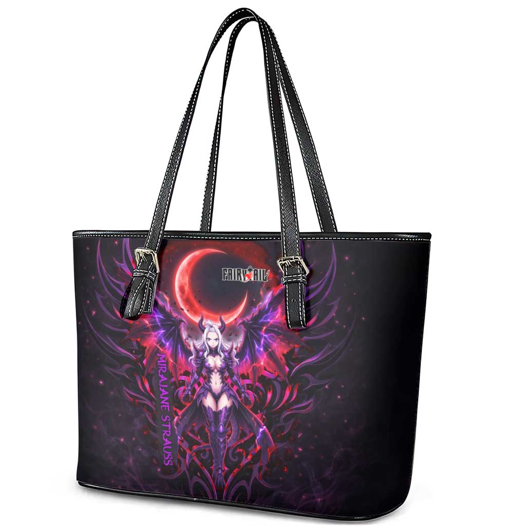 Mirajane Strauss Demon Form Fairy Tail Leather Tote Bag Crimson Moon Demon Aesthetic with Gothic Purple Tribal Design