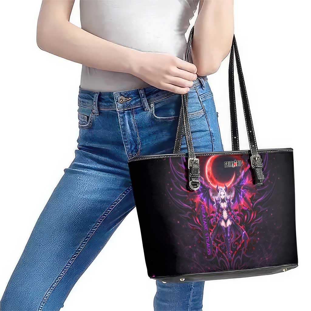 Mirajane Strauss Demon Form Fairy Tail Leather Tote Bag Crimson Moon Demon Aesthetic with Gothic Purple Tribal Design