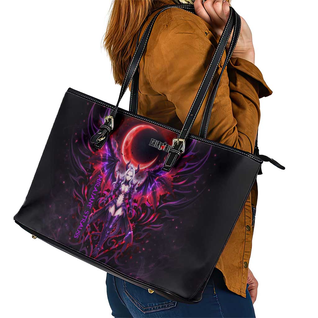 Mirajane Strauss Demon Form Fairy Tail Leather Tote Bag Crimson Moon Demon Aesthetic with Gothic Purple Tribal Design