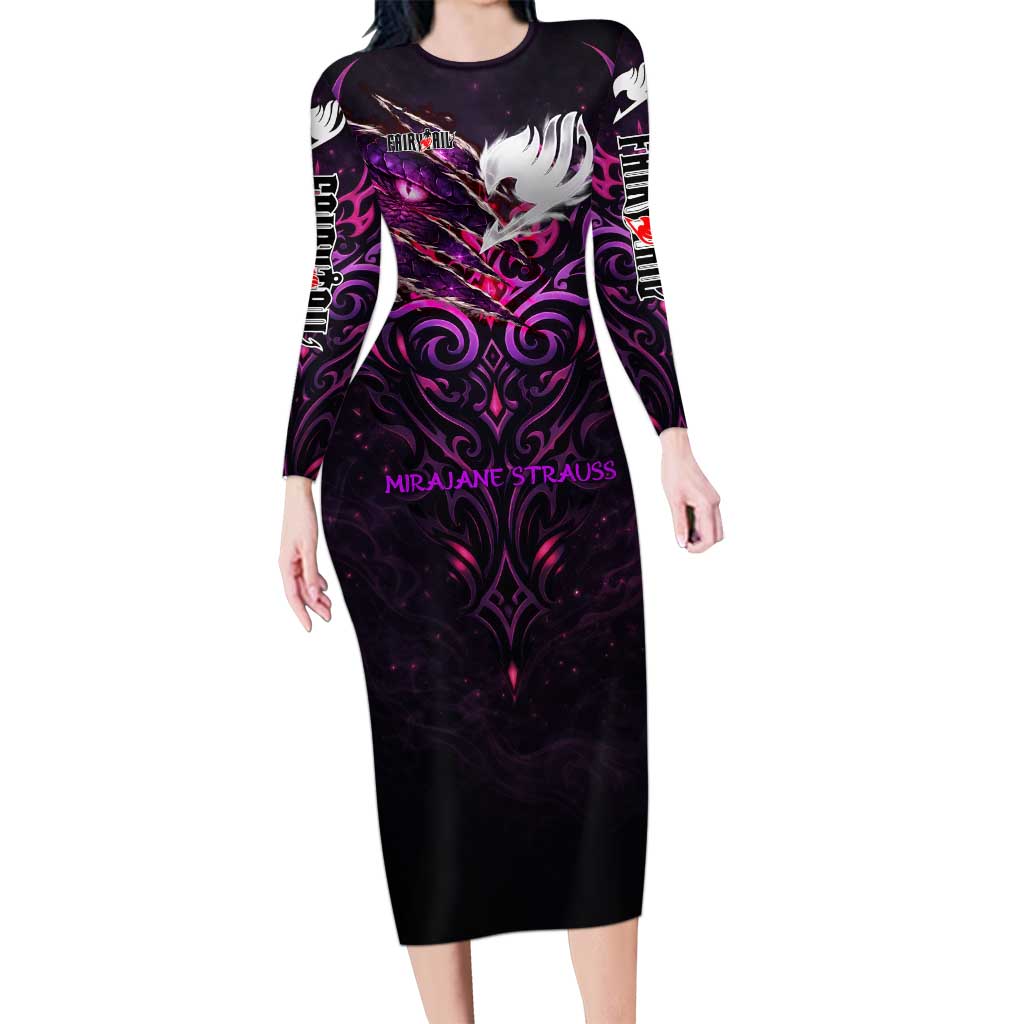 Mirajane Strauss Demon Form Fairy Tail Long Sleeve Bodycon Dress Crimson Moon Demon Aesthetic with Gothic Purple Tribal Design
