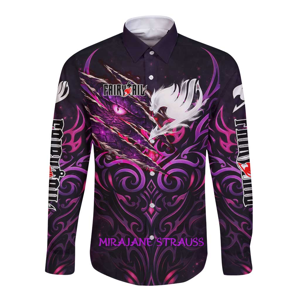 Mirajane Strauss Demon Form Fairy Tail Long Sleeve Button Shirt Crimson Moon Demon Aesthetic with Gothic Purple Tribal Design