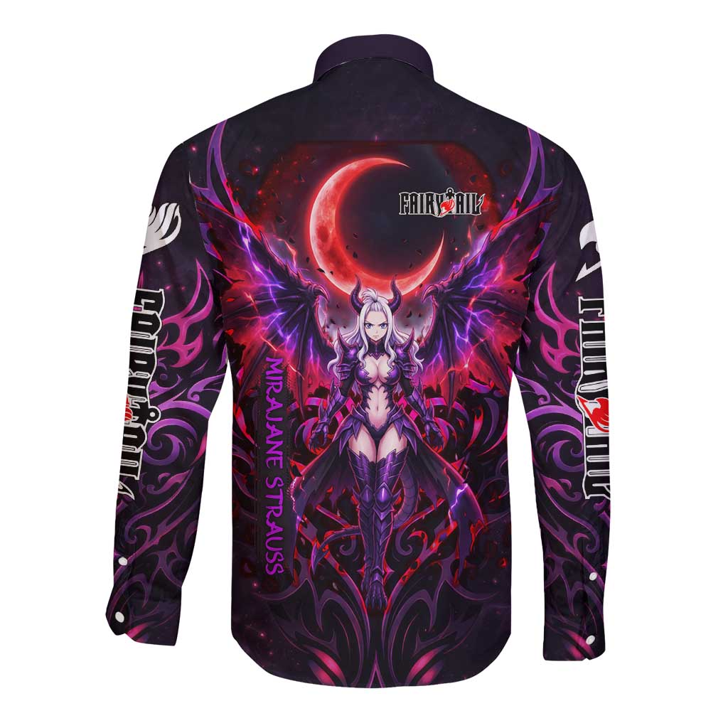 Mirajane Strauss Demon Form Fairy Tail Long Sleeve Button Shirt Crimson Moon Demon Aesthetic with Gothic Purple Tribal Design