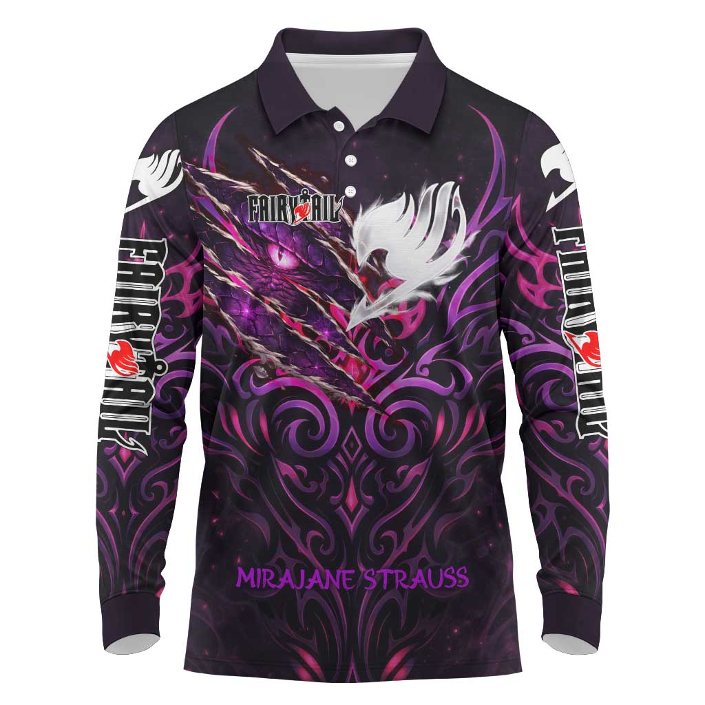 Mirajane Strauss Demon Form Fairy Tail Long Sleeve Polo Shirt Crimson Moon Demon Aesthetic with Gothic Purple Tribal Design