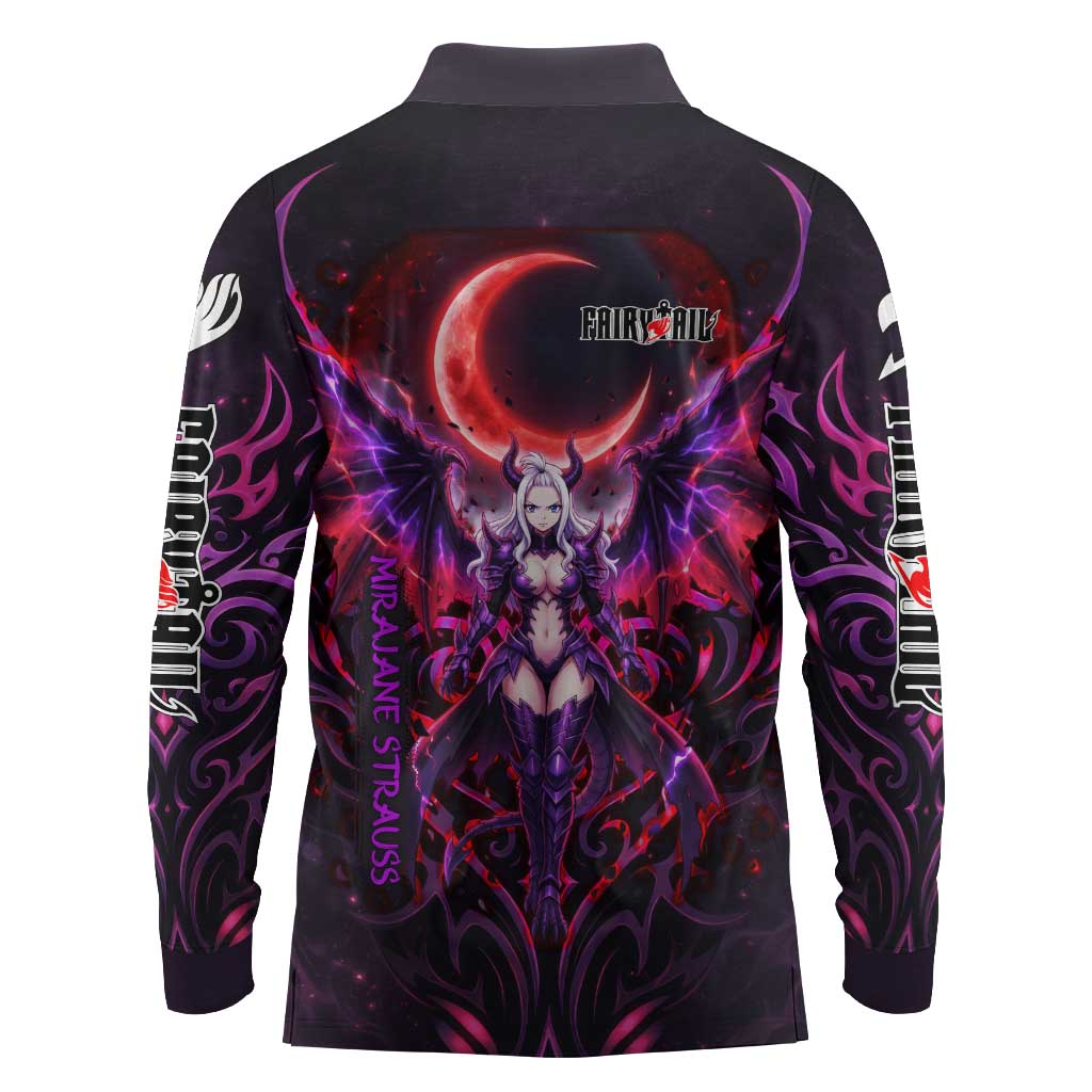 Mirajane Strauss Demon Form Fairy Tail Long Sleeve Polo Shirt Crimson Moon Demon Aesthetic with Gothic Purple Tribal Design