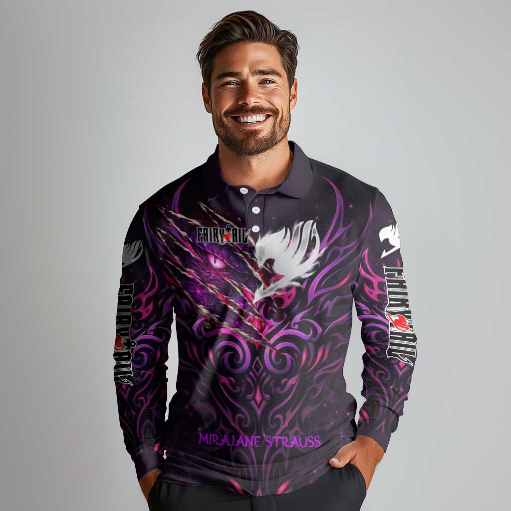 Mirajane Strauss Demon Form Fairy Tail Long Sleeve Polo Shirt Crimson Moon Demon Aesthetic with Gothic Purple Tribal Design