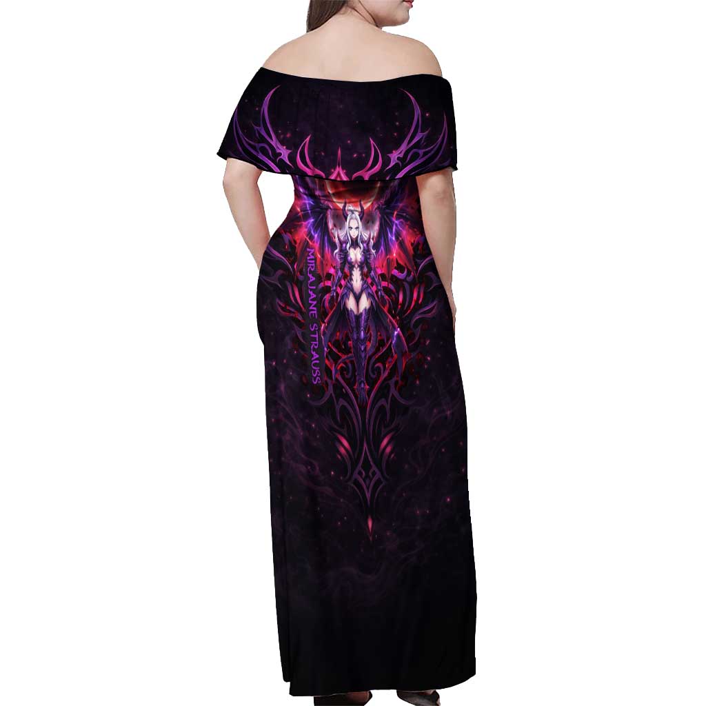 Mirajane Strauss Demon Form Fairy Tail Off Shoulder Maxi Dress Crimson Moon Demon Aesthetic with Gothic Purple Tribal Design