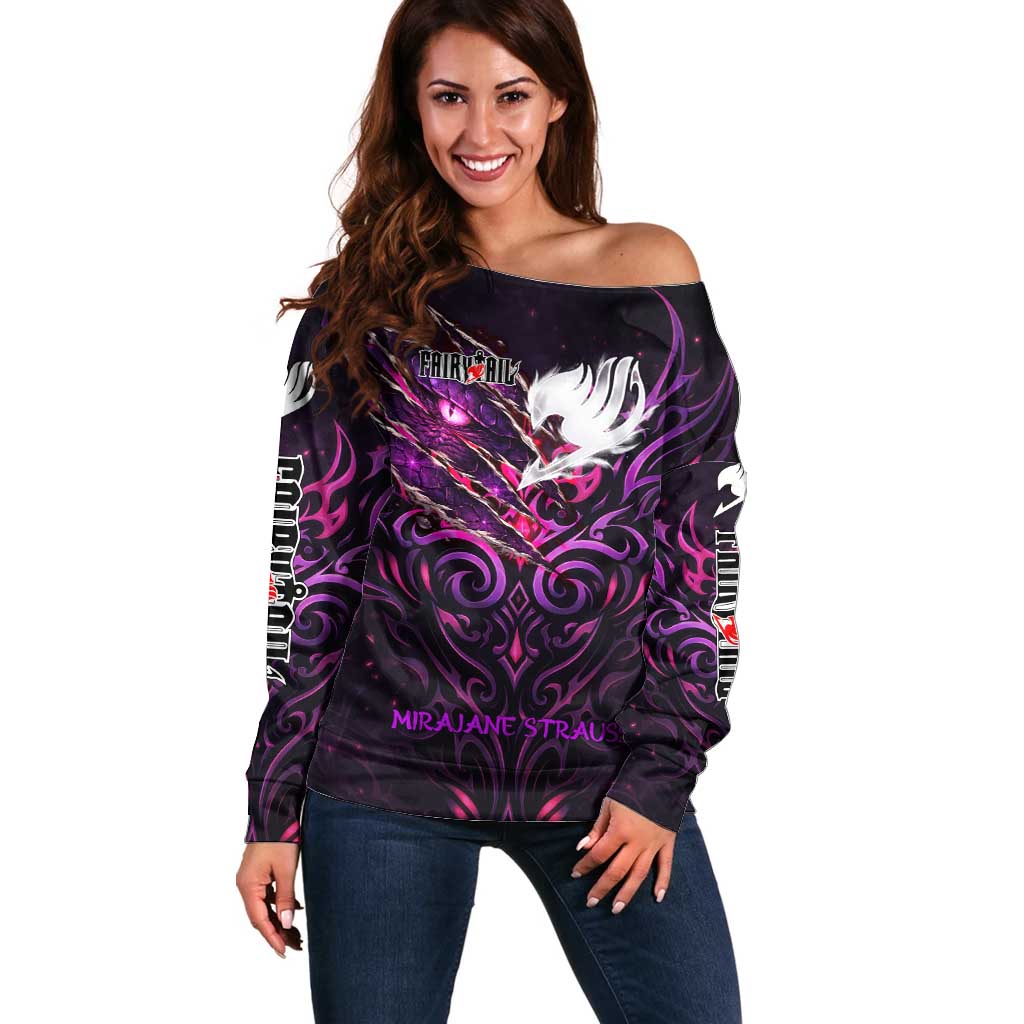 Mirajane Strauss Demon Form Fairy Tail Off Shoulder Sweater Crimson Moon Demon Aesthetic with Gothic Purple Tribal Design