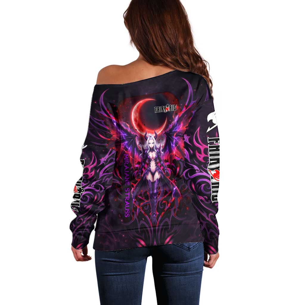 Mirajane Strauss Demon Form Fairy Tail Off Shoulder Sweater Crimson Moon Demon Aesthetic with Gothic Purple Tribal Design