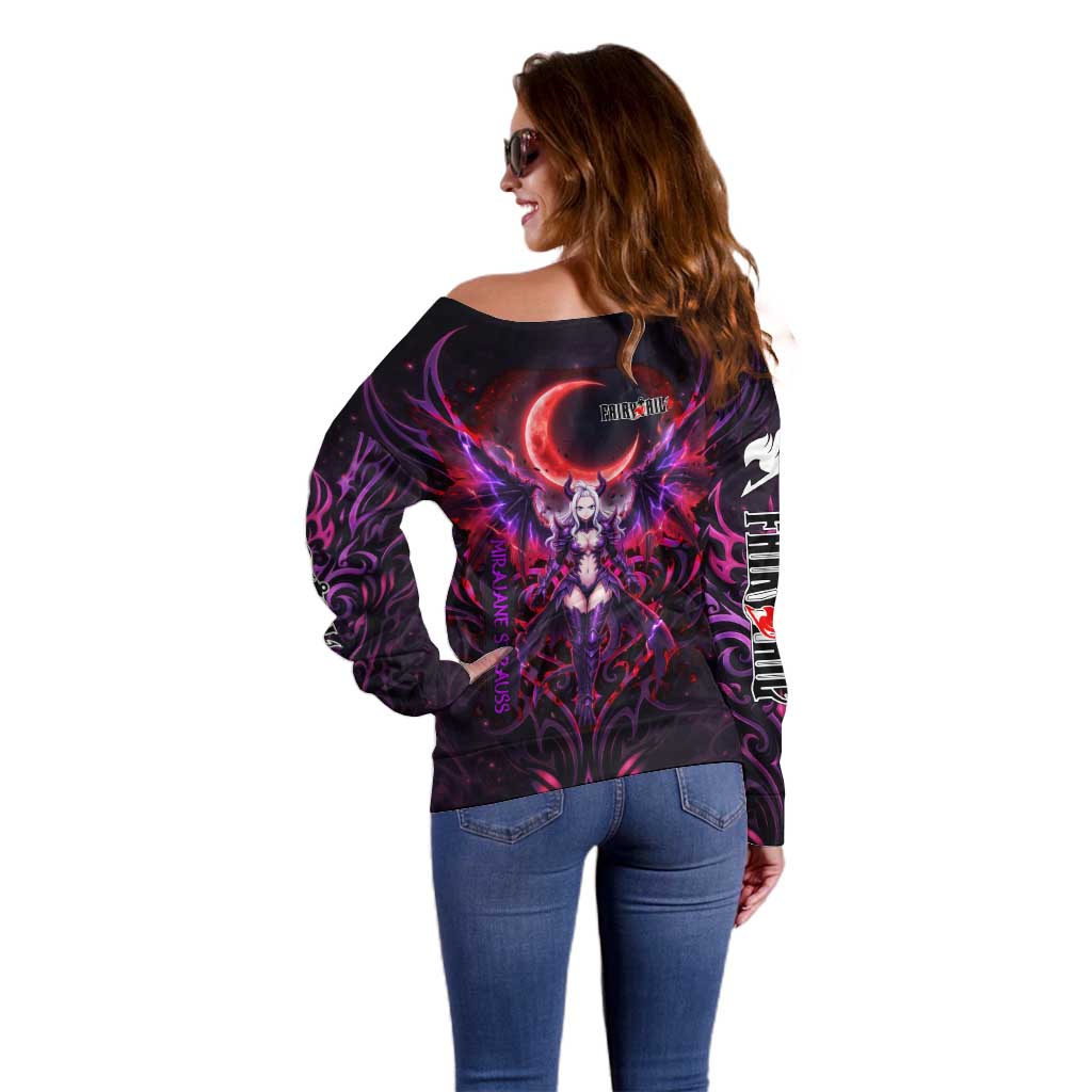 Mirajane Strauss Demon Form Fairy Tail Off Shoulder Sweater Crimson Moon Demon Aesthetic with Gothic Purple Tribal Design