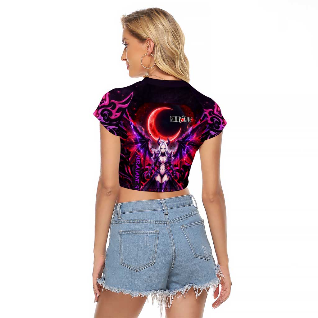 Mirajane Strauss Demon Form Fairy Tail Raglan Cropped T Shirt Crimson Moon Demon Aesthetic with Gothic Purple Tribal Design